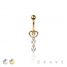 316L SURGICAL STEEL CZ HEART NON DANGLE TRIPLE HEART BELLY BUTTON NAVEL RING 